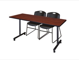 60" x 24" Kobe T-Base Mobile Training Table - Cherry & 2 Zeng Stack Chairs - Black