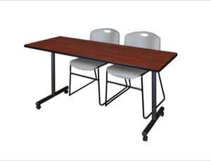 60" x 24" Kobe T-Base Mobile Training Table - Cherry & 2 Zeng Stack Chairs - Grey