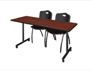 60" x 24" Kobe T-Base Mobile Training Table - Cherry & 2 'M' Stack Chairs - Black