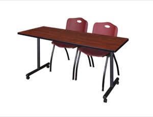 60" x 24" Kobe T-Base Mobile Training Table - Cherry & 2 'M' Stack Chairs - Burgundy