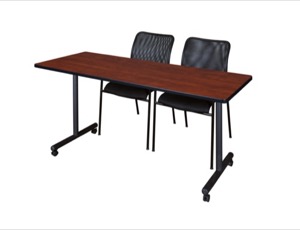 60" x 24" Kobe T-Base Mobile Training Table - Cherry & 2 Mario Stack Chairs - Black
