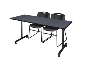 60" x 24" Kobe T-Base Mobile Training Table - Grey & 2 Zeng Stack Chairs - Black