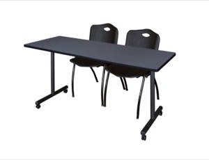 60" x 24" Kobe T-Base Mobile Training Table - Grey & 2 'M' Stack Chairs - Black