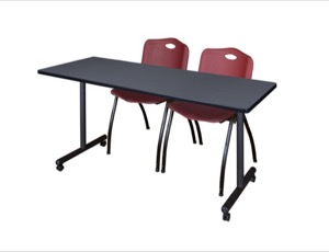 60" x 24" Kobe T-Base Mobile Training Table - Grey & 2 'M' Stack Chairs - Burgundy