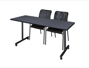 60" x 24" Kobe T-Base Mobile Training Table - Grey & 2 Mario Stack Chairs - Black