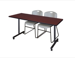 60" x 24" Kobe T-Base Mobile Training Table - Mahogany & 2 Zeng Stack Chairs - Grey