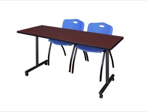 60" x 24" Kobe T-Base Mobile Training Table - Mahogany & 2 'M' Stack Chairs - Blue