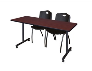 60" x 24" Kobe T-Base Mobile Training Table - Mahogany & 2 'M' Stack Chairs - Black