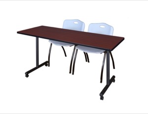 60" x 24" Kobe T-Base Mobile Training Table - Mahogany & 2 'M' Stack Chairs - Grey