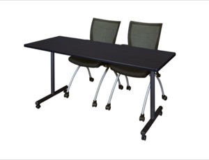 60" x 24" Kobe T-Base Mobile Training Table - Mocha Walnut & 2 Apprentice Chairs - Black