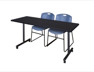 60" x 24" Kobe T-Base Mobile Training Table - Mocha Walnut & 2 Zeng Stack Chairs - Blue