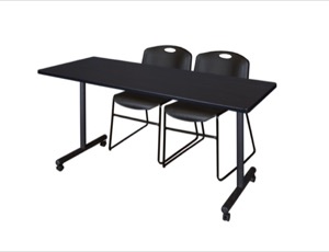60" x 24" Kobe T-Base Mobile Training Table - Mocha Walnut & 2 Zeng Stack Chairs - Black
