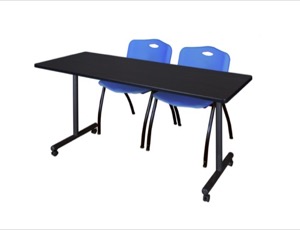 60" x 24" Kobe T-Base Mobile Training Table - Mocha Walnut & 2 'M' Stack Chairs - Blue