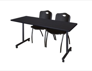 60" x 24" Kobe T-Base Mobile Training Table - Mocha Walnut & 2 'M' Stack Chairs - Black
