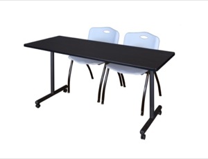 60" x 24" Kobe T-Base Mobile Training Table - Mocha Walnut & 2 'M' Stack Chairs - Grey