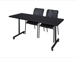 60" x 24" Kobe T-Base Mobile Training Table - Mocha Walnut & 2 Mario Stack Chairs - Black