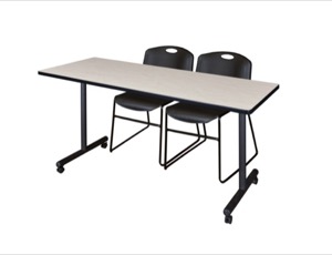 60" x 24" Kobe T-Base Mobile Training Table - Maple & 2 Zeng Stack Chairs - Black