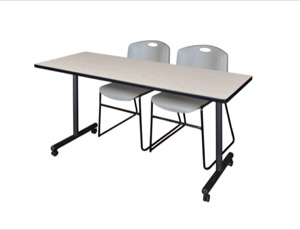 60" x 24" Kobe T-Base Mobile Training Table - Maple & 2 Zeng Stack Chairs - Grey