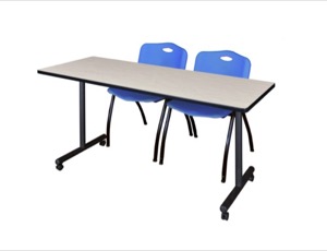 60" x 24" Kobe T-Base Mobile Training Table - Maple & 2 'M' Stack Chairs - Blue