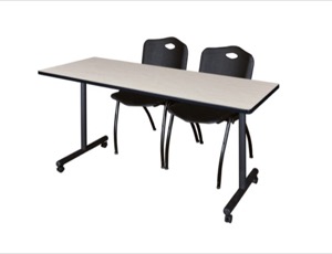60" x 24" Kobe T-Base Mobile Training Table - Maple & 2 'M' Stack Chairs - Black