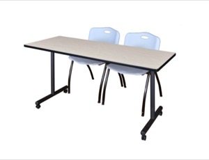 60" x 24" Kobe T-Base Mobile Training Table - Maple & 2 'M' Stack Chairs - Grey