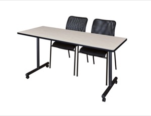 60" x 24" Kobe T-Base Mobile Training Table - Maple & 2 Mario Stack Chairs - Black