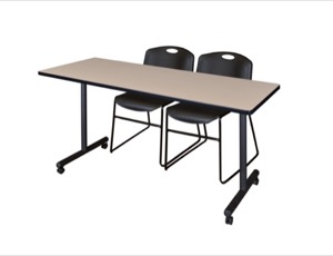 66" x 24" Kobe T-Base Mobile Training Table - Beige & 2 Zeng Stack Chairs - Black
