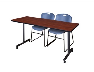 66" x 24" Kobe T-Base Mobile Training Table - Cherry & 2 Zeng Stack Chairs - Blue