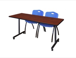66" x 24" Kobe T-Base Mobile Training Table - Cherry & 2 'M' Stack Chairs - Blue