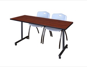 66" x 24" Kobe T-Base Mobile Training Table - Cherry & 2 'M' Stack Chairs - Grey