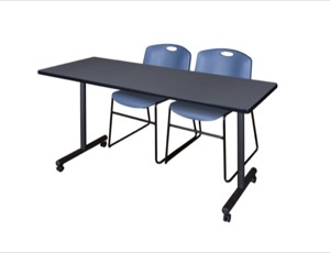 66" x 24" Kobe T-Base Mobile Training Table - Grey & 2 Zeng Stack Chairs - Blue