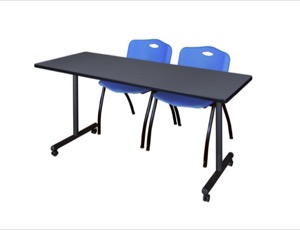 66" x 24" Kobe T-Base Mobile Training Table - Grey & 2 'M' Stack Chairs - Blue