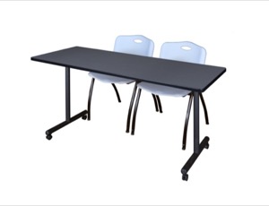 66" x 24" Kobe T-Base Mobile Training Table - Grey & 2 'M' Stack Chairs - Grey