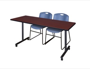 66" x 24" Kobe T-Base Mobile Training Table - Mahogany & 2 Zeng Stack Chairs - Blue