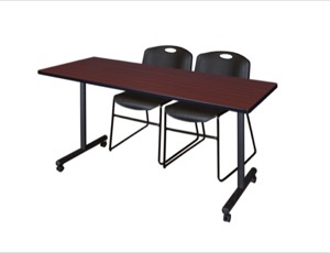 66" x 24" Kobe T-Base Mobile Training Table - Mahogany & 2 Zeng Stack Chairs - Black