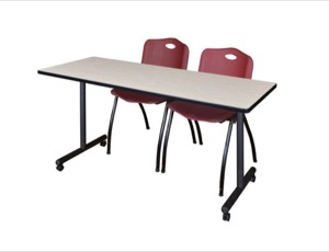 66" x 24" Kobe T-Base Mobile Training Table - Maple & 2 'M' Stack Chairs - Burgundy
