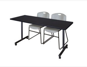 72" x 24" Kobe T-Base Mobile Training Table - Mocha Walnut & 2 Zeng Stack Chairs - Grey