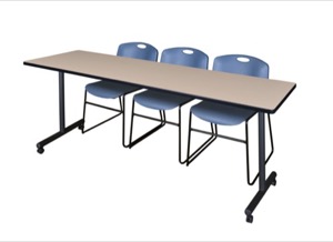 84" x 24" Kobe T-Base Mobile Training Table - Beige & 3 Zeng Stack Chairs - Blue