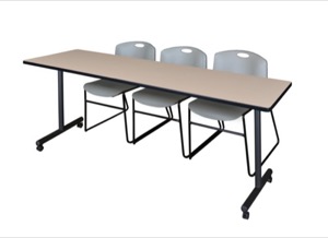84" x 24" Kobe T-Base Mobile Training Table - Beige & 3 Zeng Stack Chairs - Grey