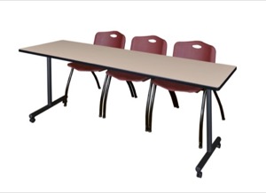 84" x 24" Kobe T-Base Mobile Training Table - Beige & 3 'M' Stack Chairs - Burgundy