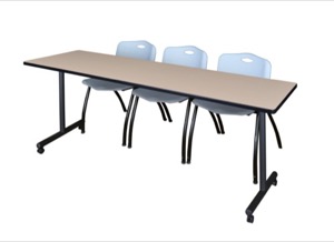 84" x 24" Kobe T-Base Mobile Training Table - Beige & 3 'M' Stack Chairs - Grey