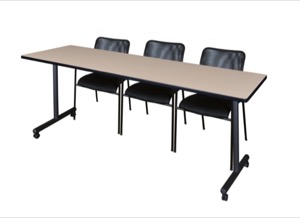 84" x 24" Kobe T-Base Mobile Training Table - Beige & 3 Mario Stack Chairs - Black