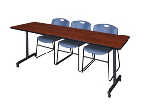 84" x 24" Kobe T-Base Mobile Training Table - Cherry & 3 Zeng Stack Chairs - Blue