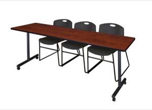 84" x 24" Kobe T-Base Mobile Training Table - Cherry & 3 Zeng Stack Chairs - Black