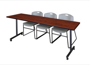 84" x 24" Kobe T-Base Mobile Training Table - Cherry & 3 Zeng Stack Chairs - Grey