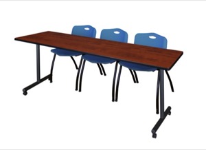 84" x 24" Kobe T-Base Mobile Training Table - Cherry & 3 'M' Stack Chairs - Blue