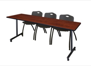 84" x 24" Kobe T-Base Mobile Training Table - Cherry & 3 'M' Stack Chairs - Black