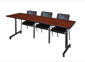 84" x 24" Kobe T-Base Mobile Training Table - Cherry & 3 Mario Stack Chairs - Black