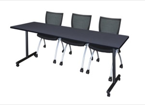 84" x 24" Kobe T-Base Mobile Training Table - Grey & 3 Apprentice Chairs - Black