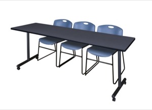 84" x 24" Kobe T-Base Mobile Training Table - Grey & 3 Zeng Stack Chairs - Blue